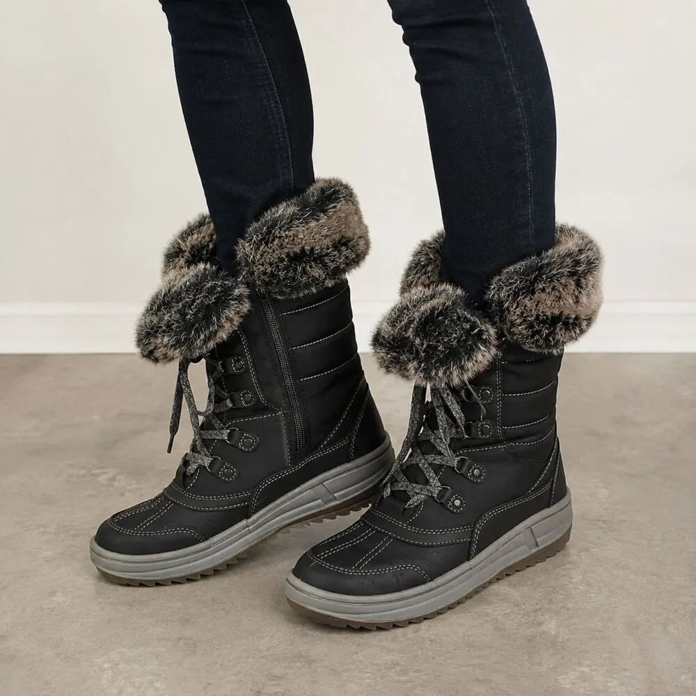 Santana Canada Myrah Winter Boots Black Faux Fur Trim Lace Up Zip Snow 38 US 7